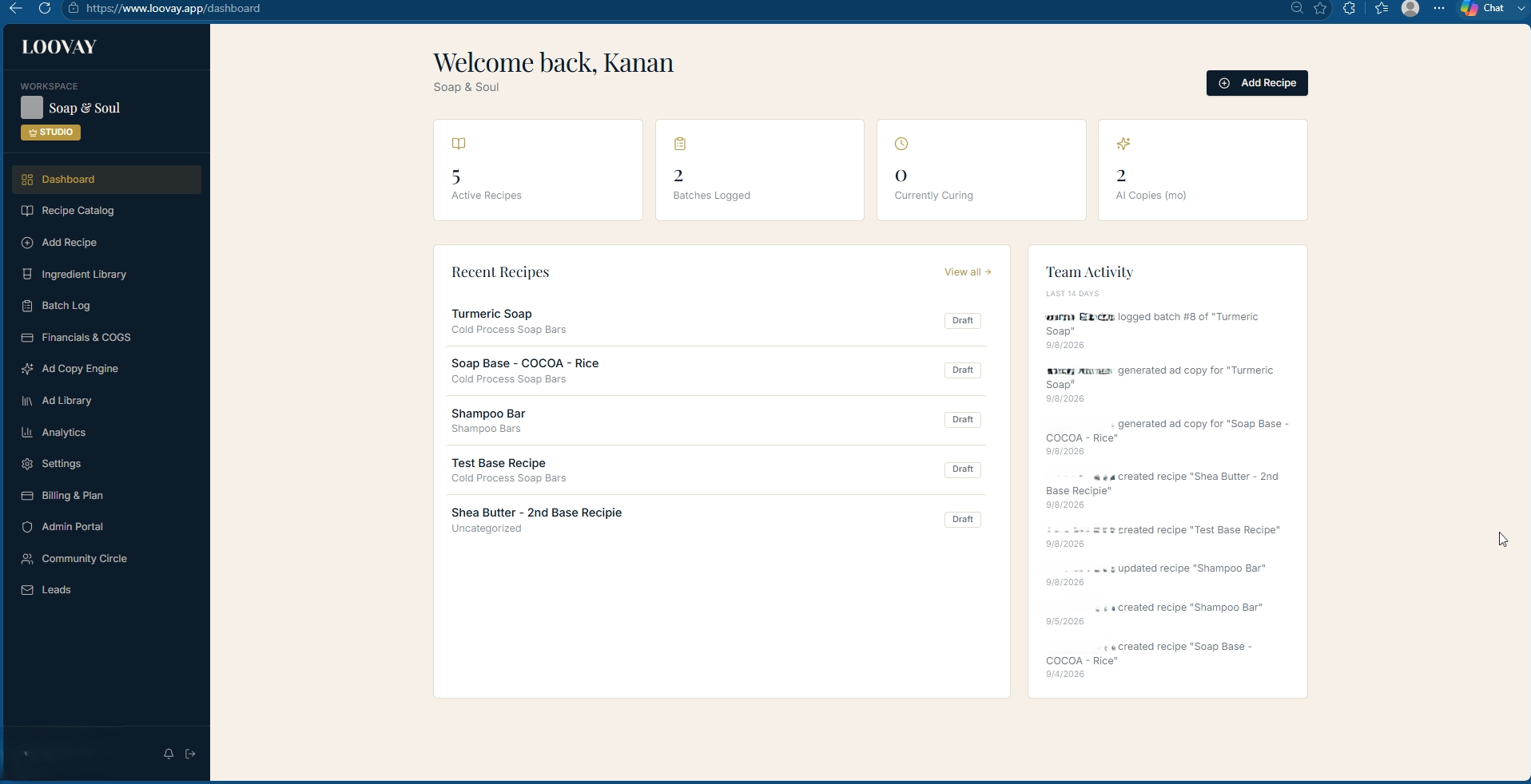 Loovay studio dashboard preview